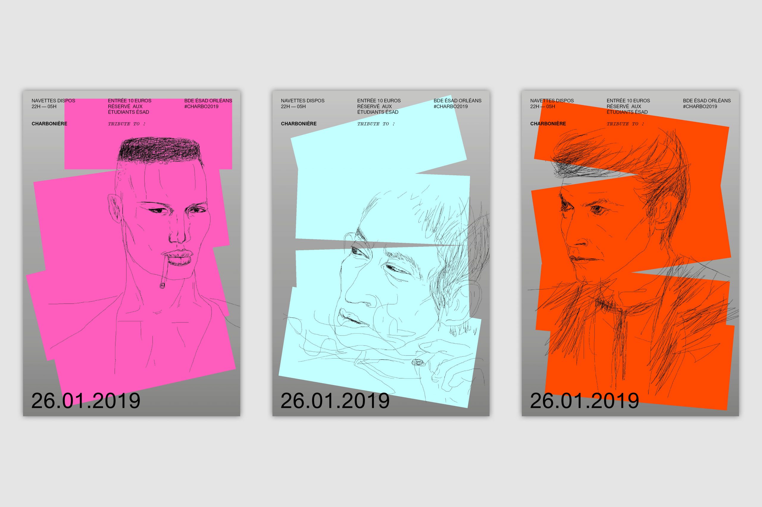 David Bowie, Grace Jones, Serge Gainsbourg, Charbonière party, Poster by ©Adrien jacquemet and Martin Foucaut graphic designer